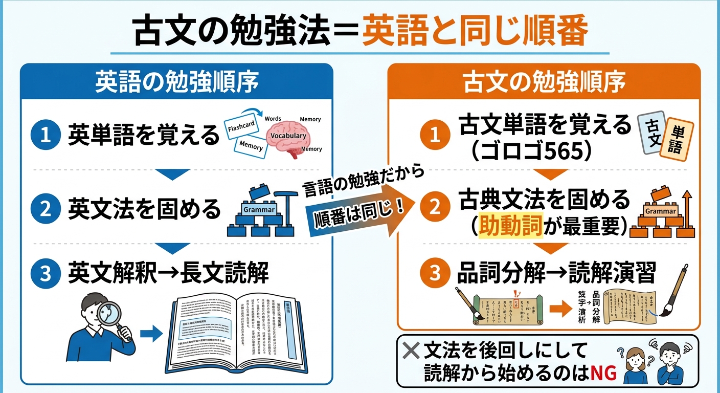 古文と英語の勉強順序比較図解