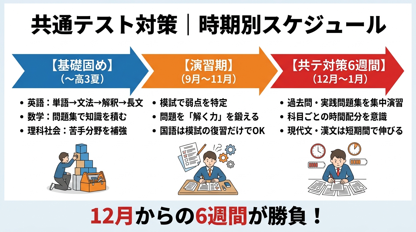 共通テスト対策の時期別スケジュール図解